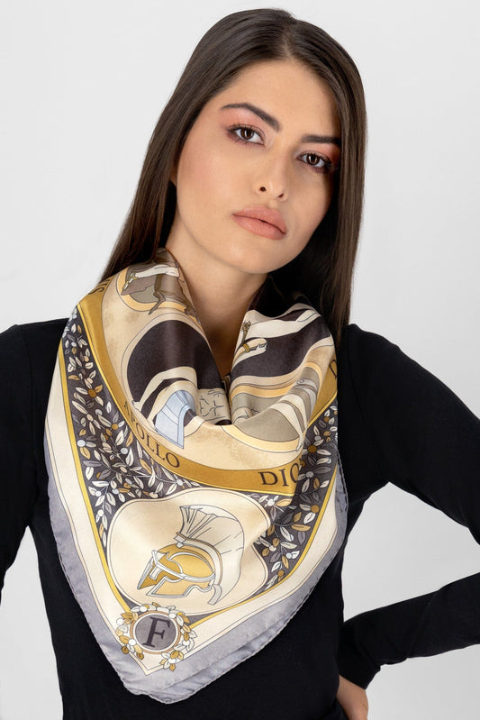 The Olympian Gods Grey and Beige 100% Silk Scarf - Premium Scarves & Bandanas - Shop now at San Rocco Italia