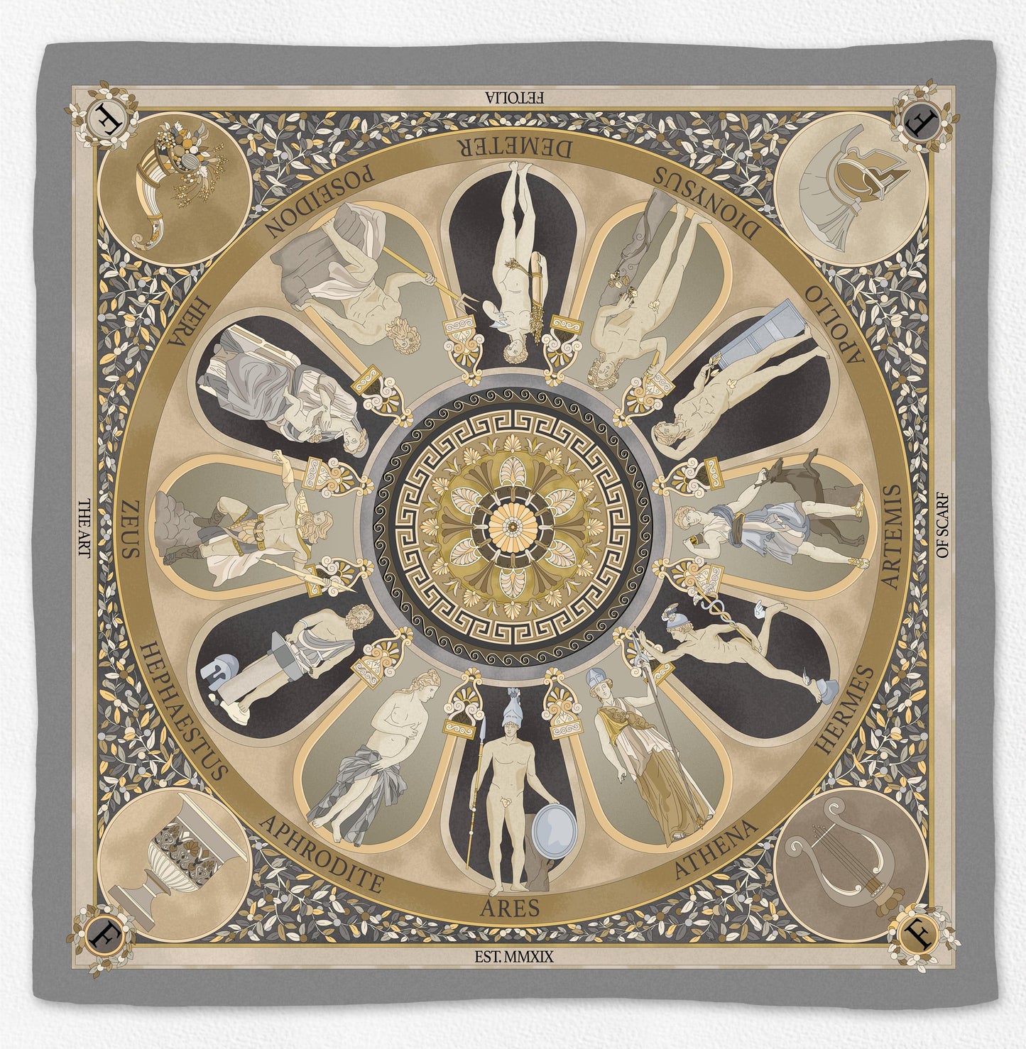 The Olympian Gods Grey and Beige 100% Silk Scarf - Premium Scarves & Bandanas - Shop now at San Rocco Italia