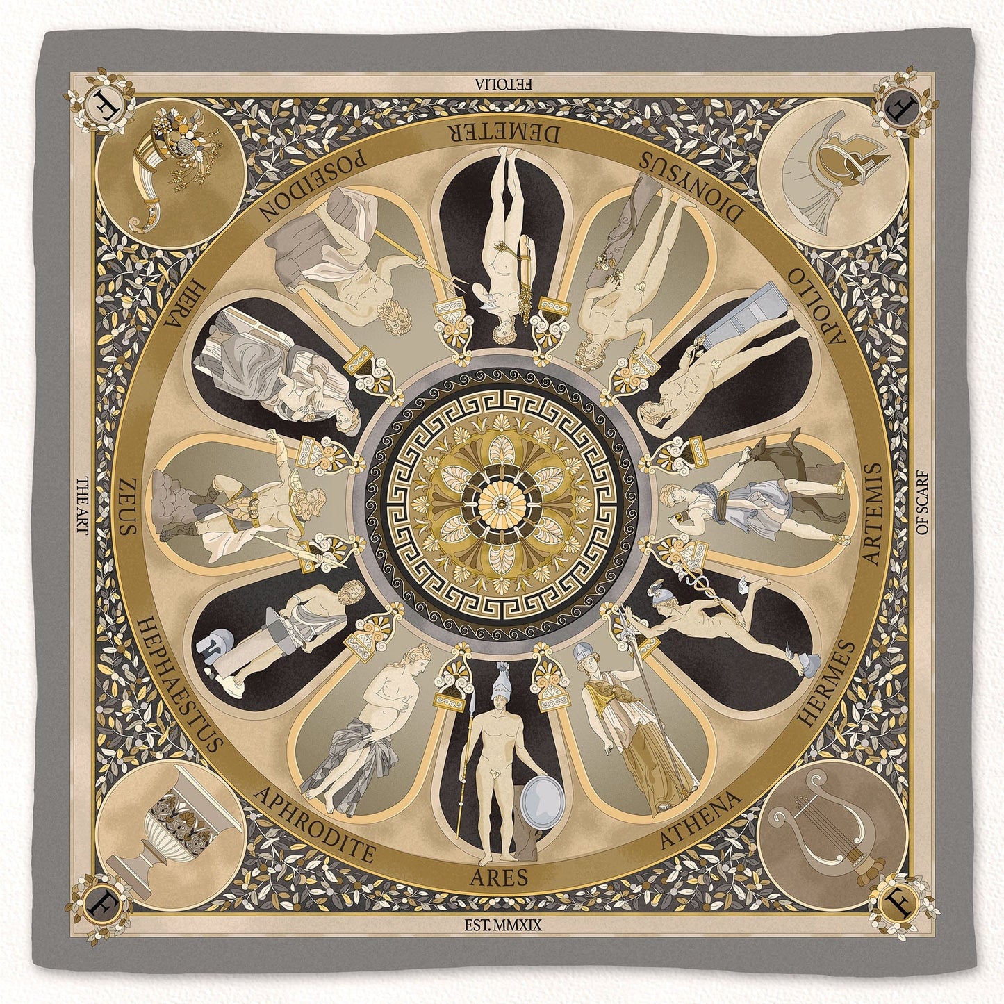 The Olympian Gods Grey and Beige 100% Silk Scarf - Premium Scarves - Shop now at San Rocco Italia