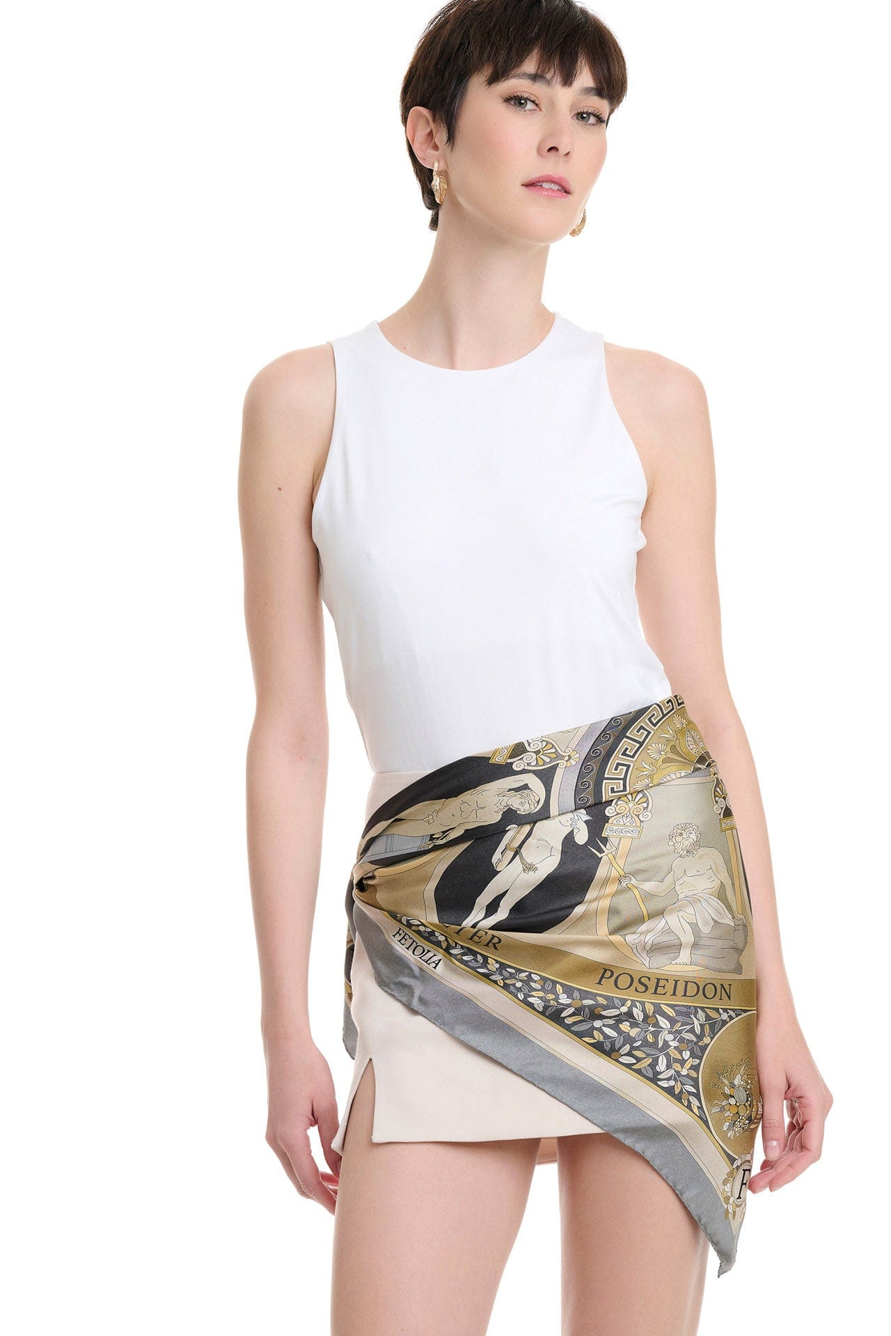 The Olympian Gods Grey and Beige 100% Silk Scarf - Premium Scarves - Shop now at San Rocco Italia