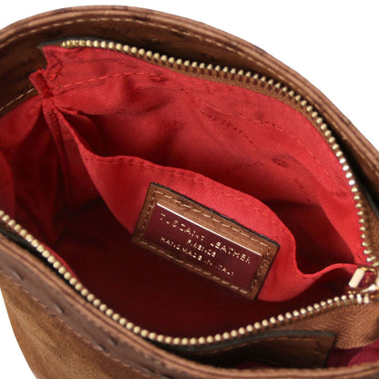 Ostrea – Beuteltasche aus Veloursleder und Leder mit Straußenprägung