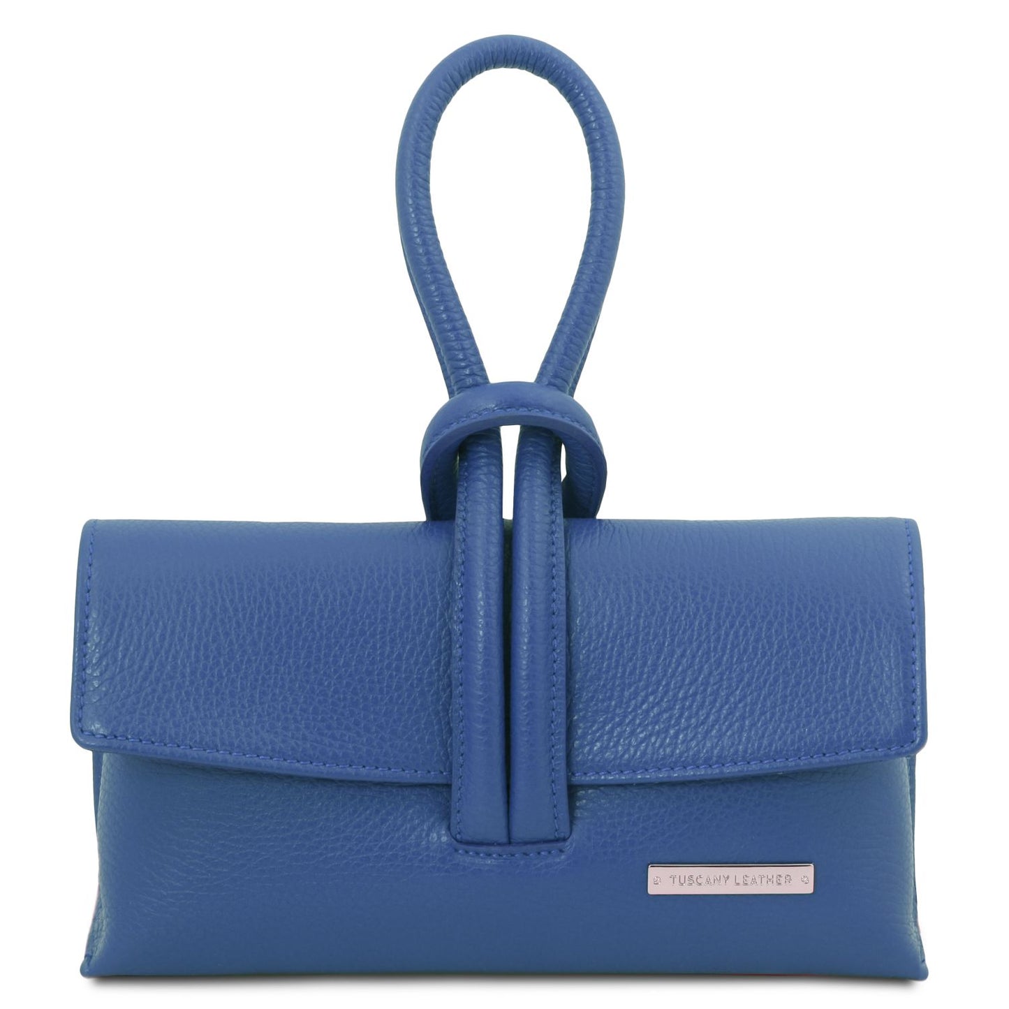 Blue handbag with a strap on a white background