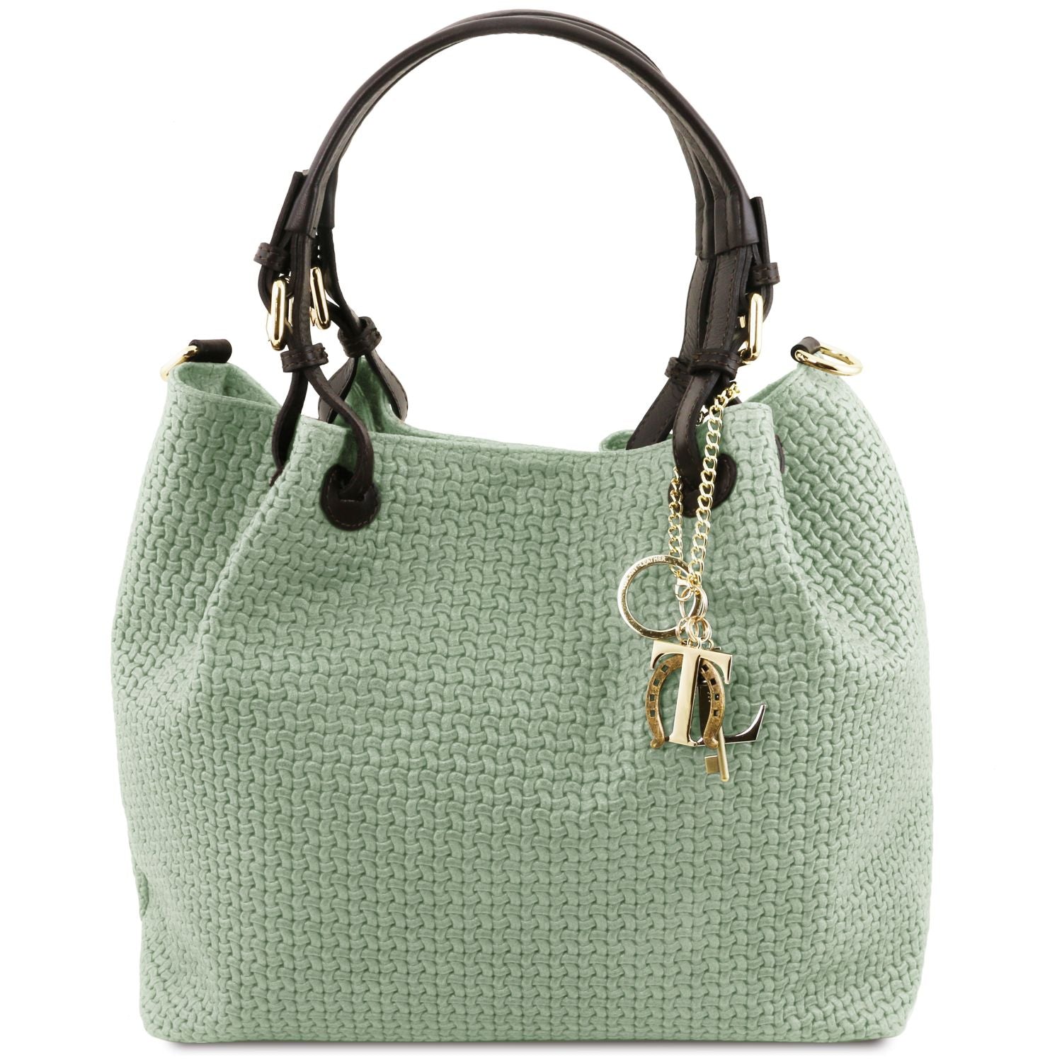 Green woven textured handbag with a gold keychain on a white background