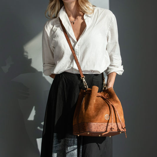 Ostrea - Drawstring Suede and Ostrich-Effect Printed Leather Bucket Bag