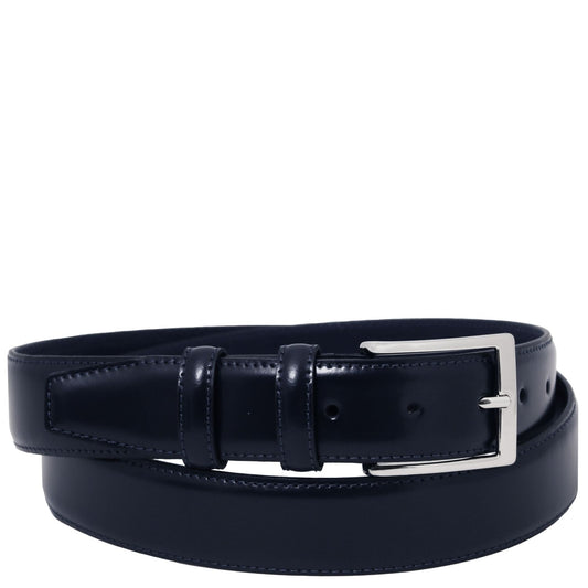 Navy leather belt with a silver buckle on a white background