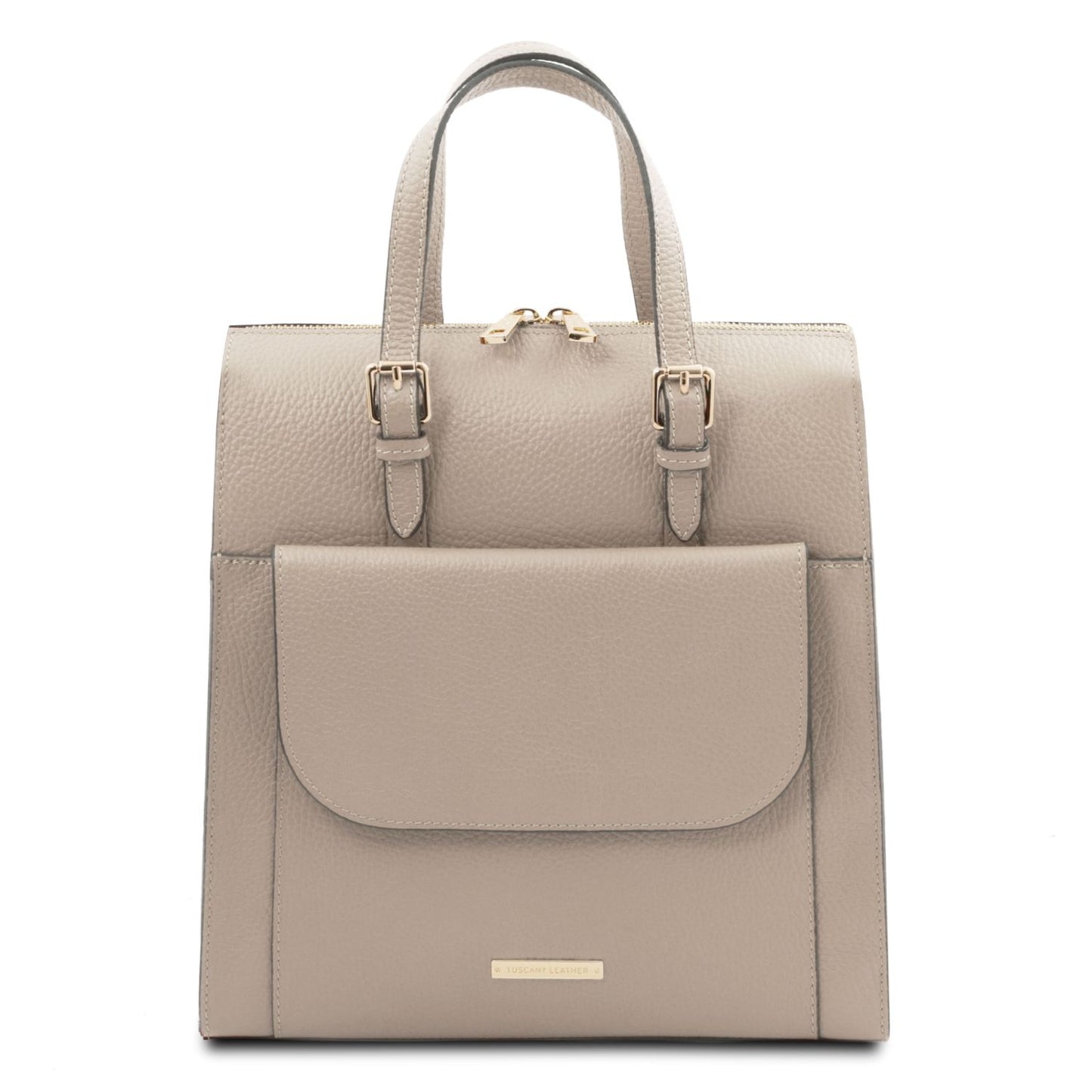 Light taupe convertible backpack handbag with a flap pocket on a white background