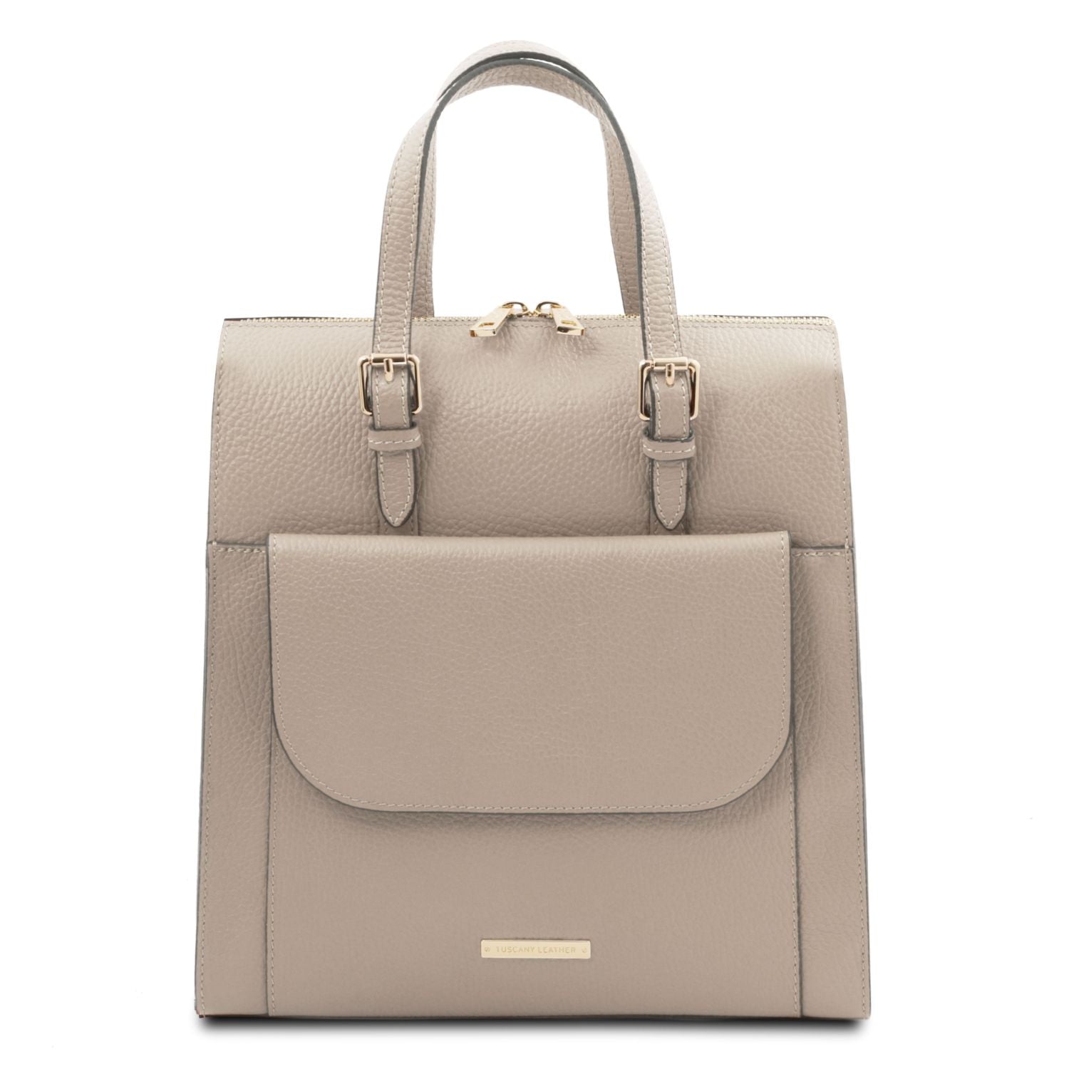 Light taupe convertible backpack handbag with a flap pocket on a white background