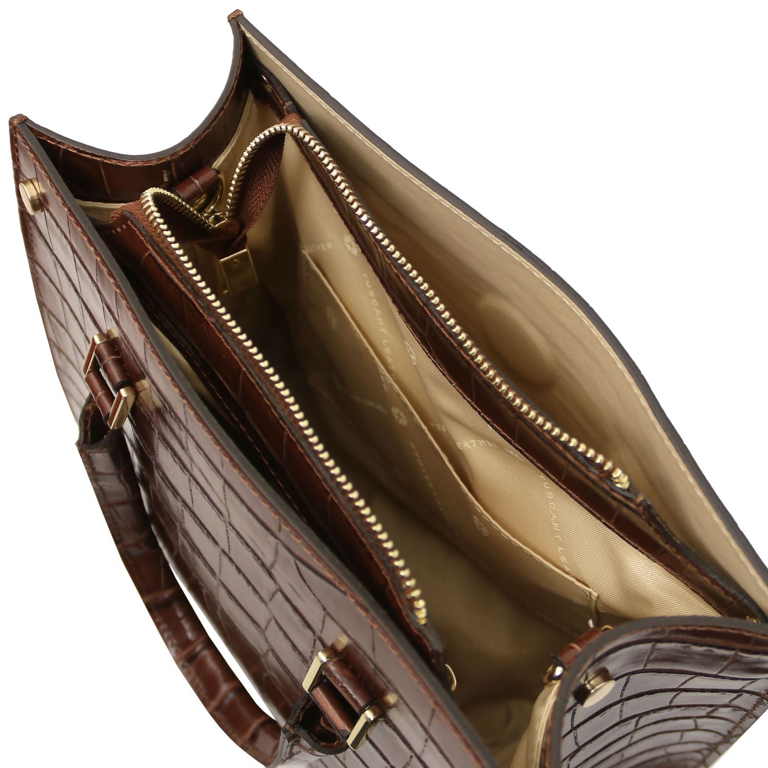 Brown leather briefcase with gold zipper and handle on a white background