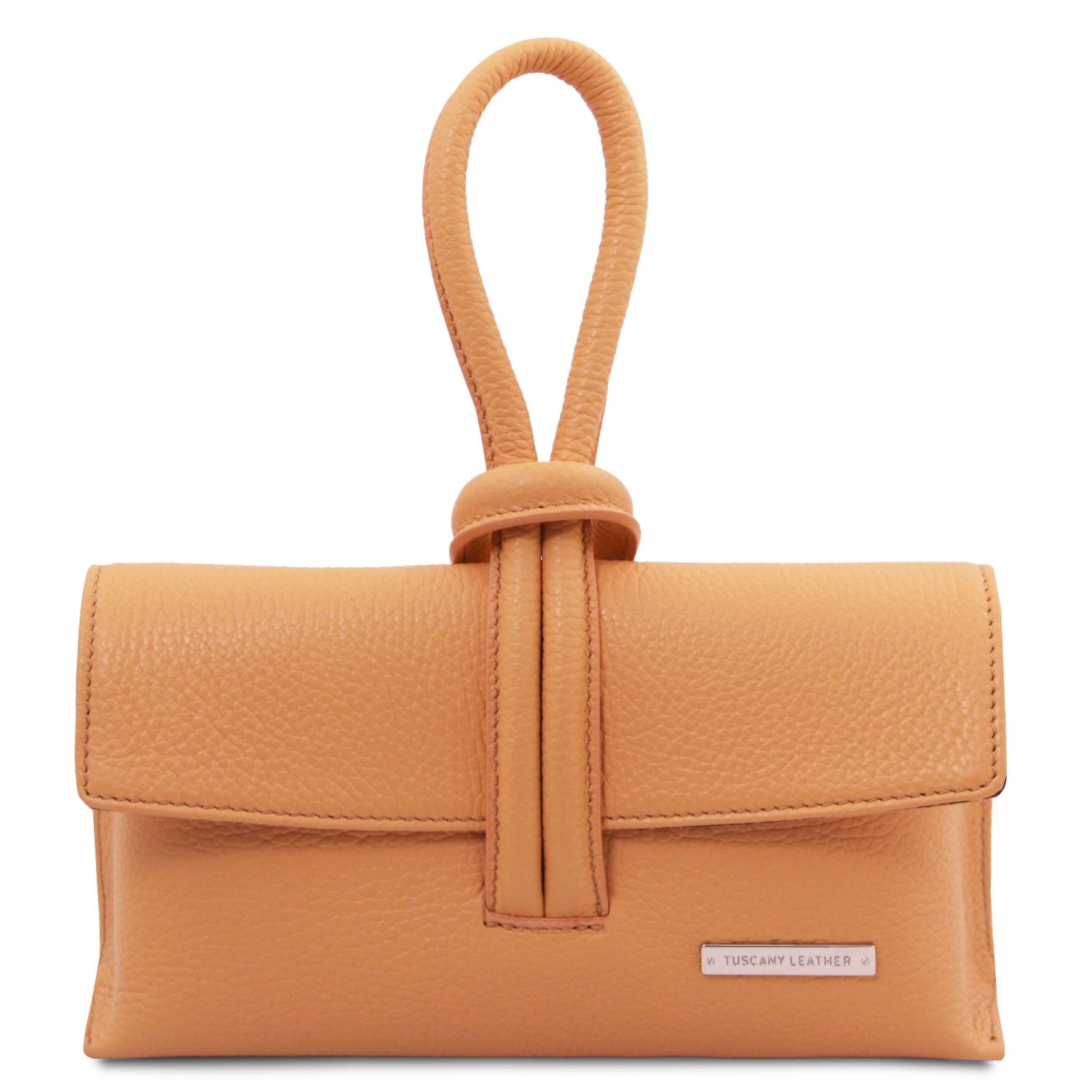 Tan leather foldover clutch with central vertical wrap strap and loop top handle