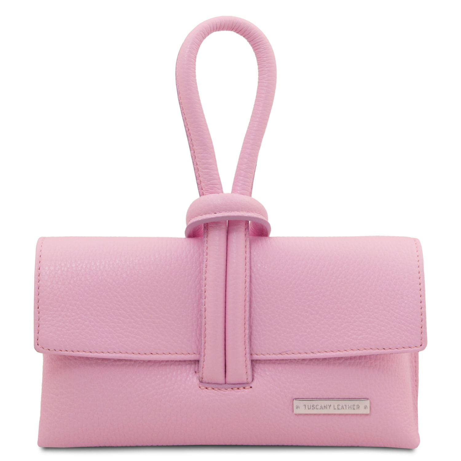 Pink foldover leather clutch with wrapped strap and top handle featuring a metal brand plate