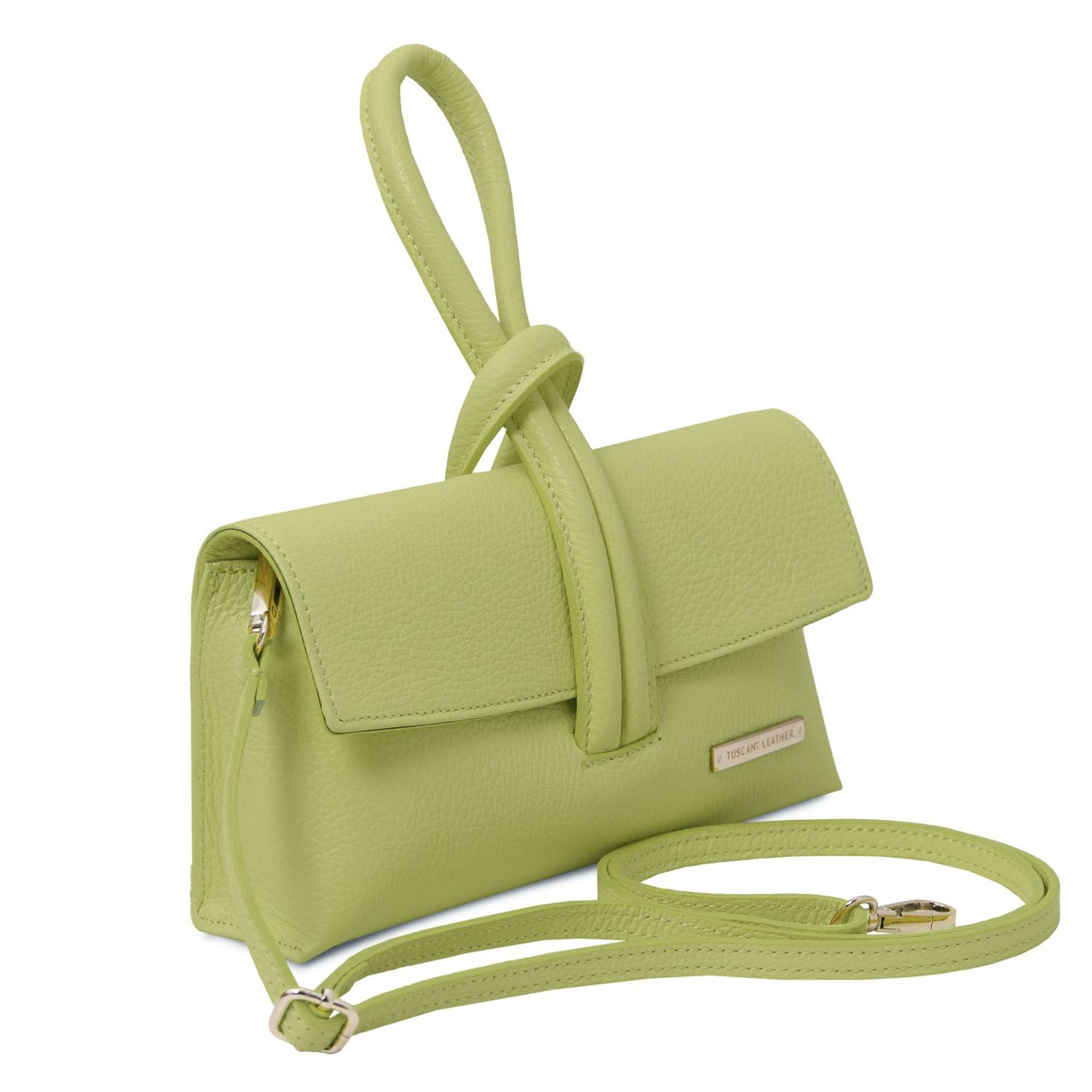 Lime green foldover leather clutch with flap and detachable long strap and gold hardware