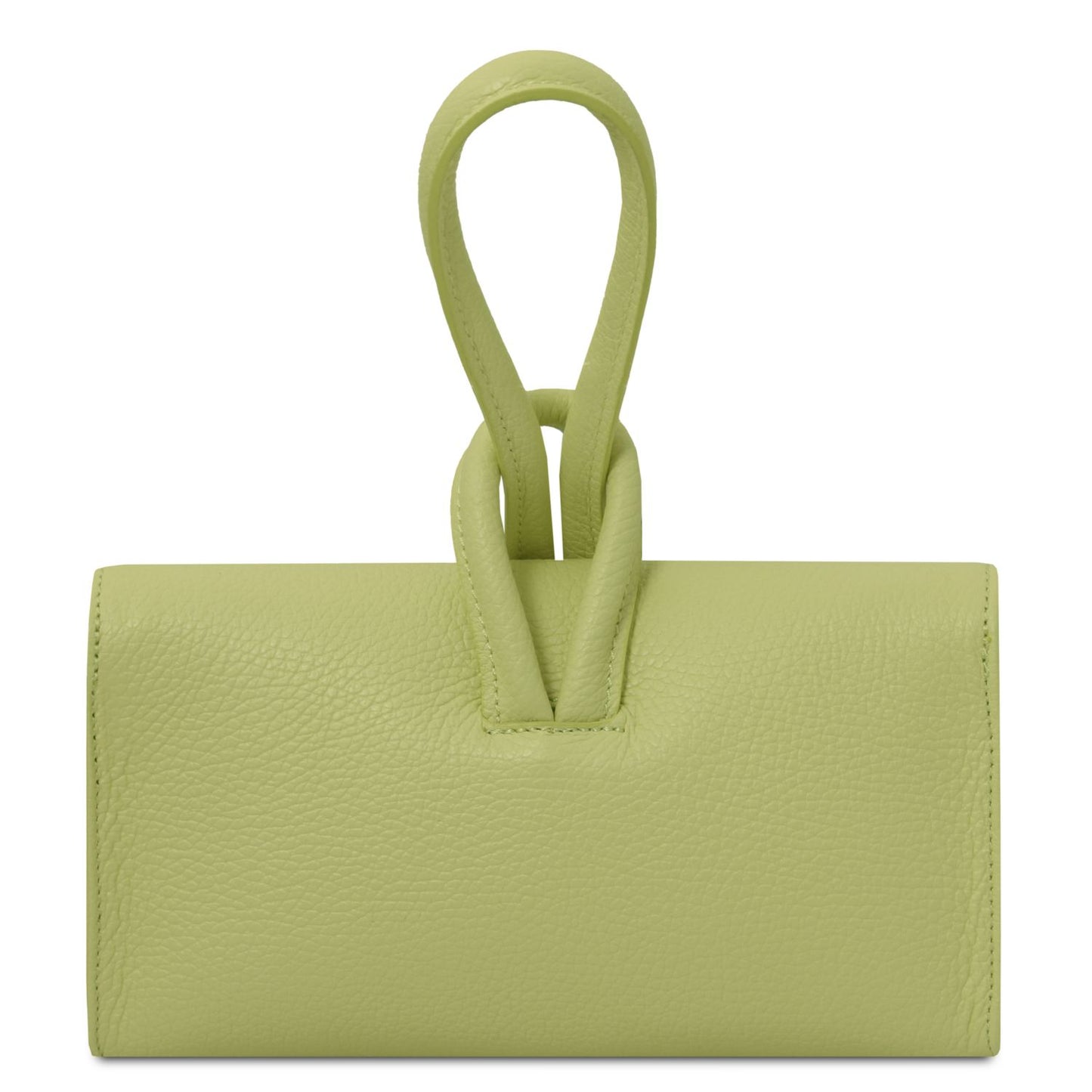 Lime green leather foldover clutch with a double loop top handle