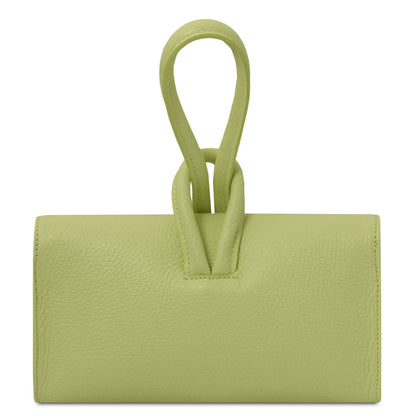 Lime green leather foldover clutch with a double loop top handle