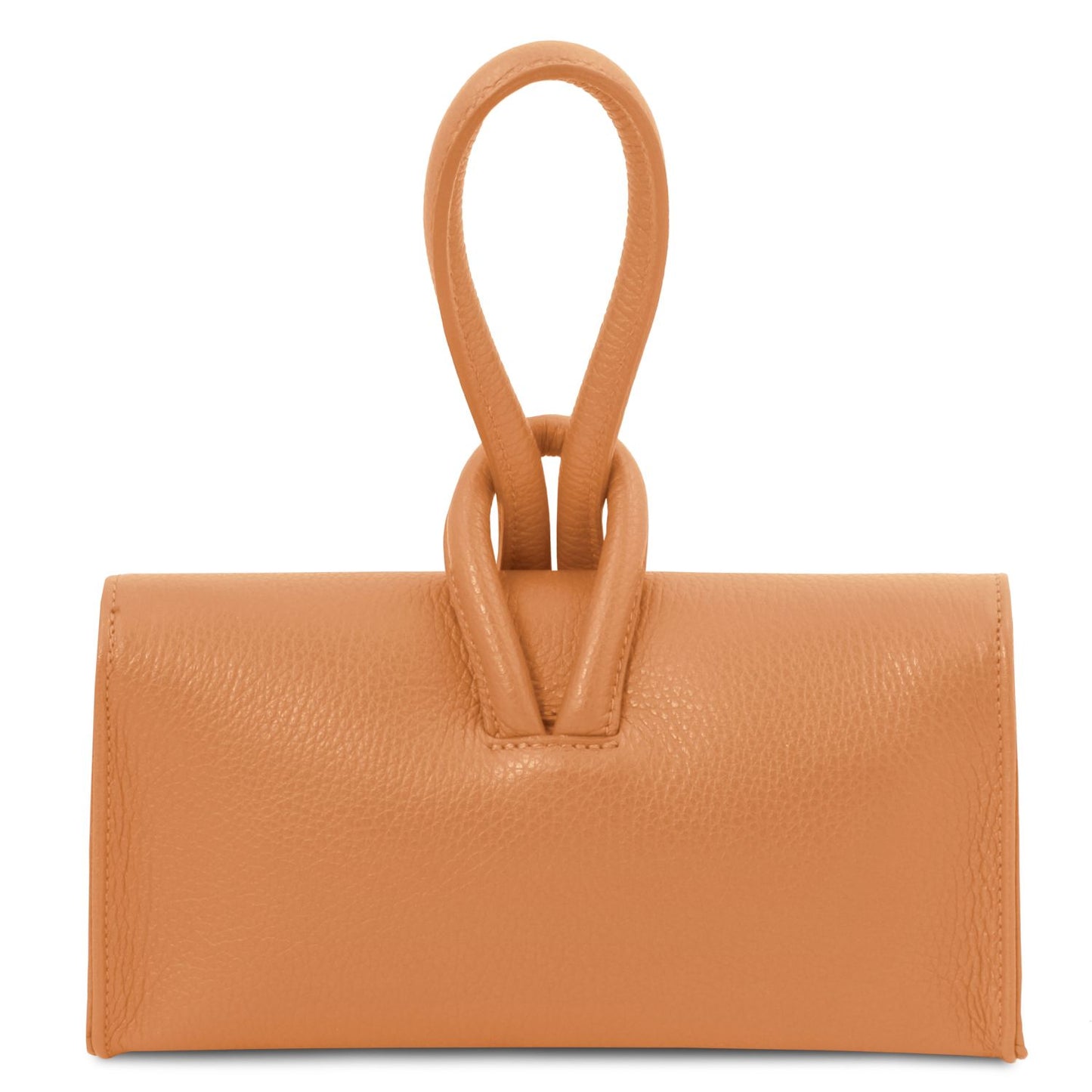 Close up of tan leather foldover clutch highlighting the double loop top handle and wrapped strap
