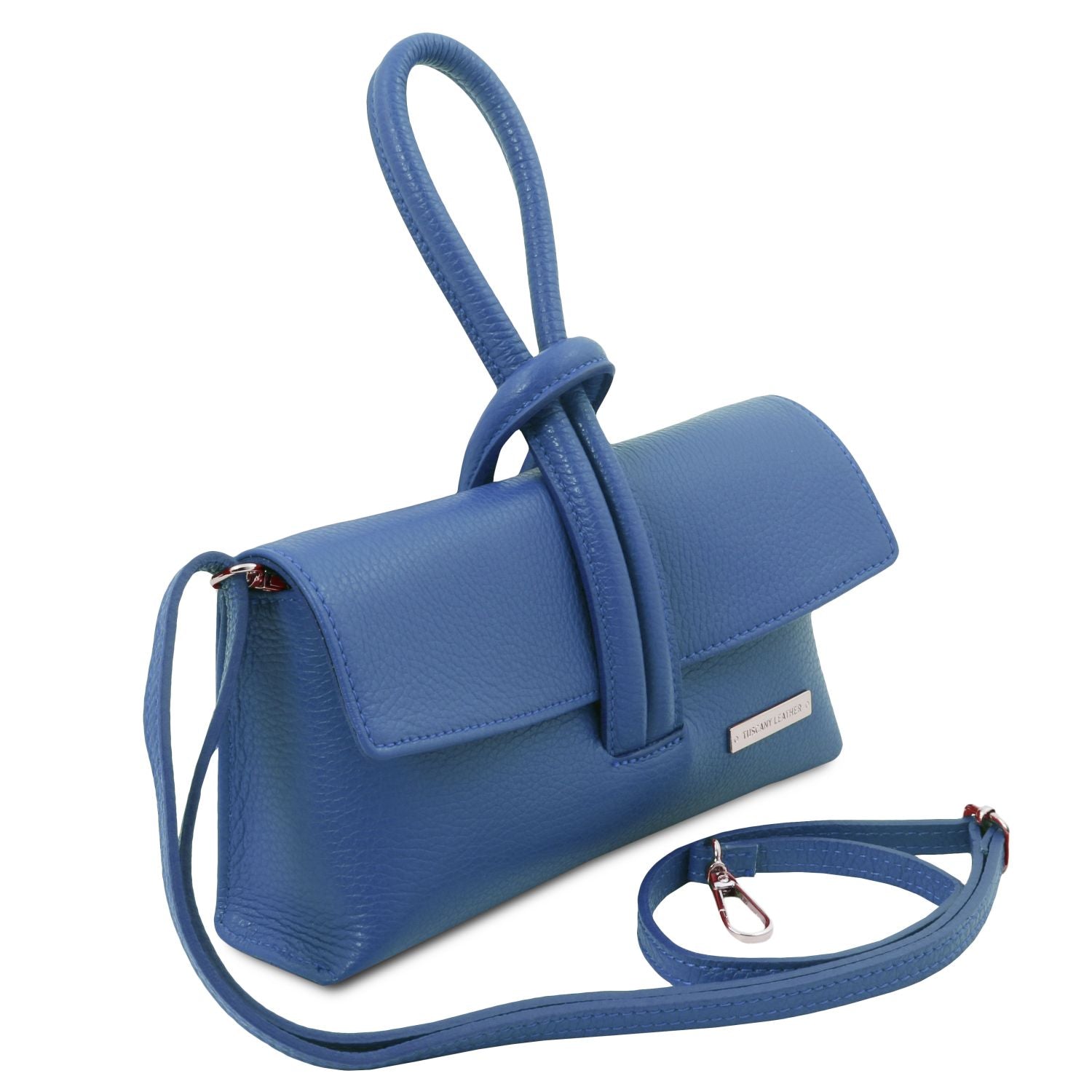 Blue leather bag with foldover flap top handle and detachable strap