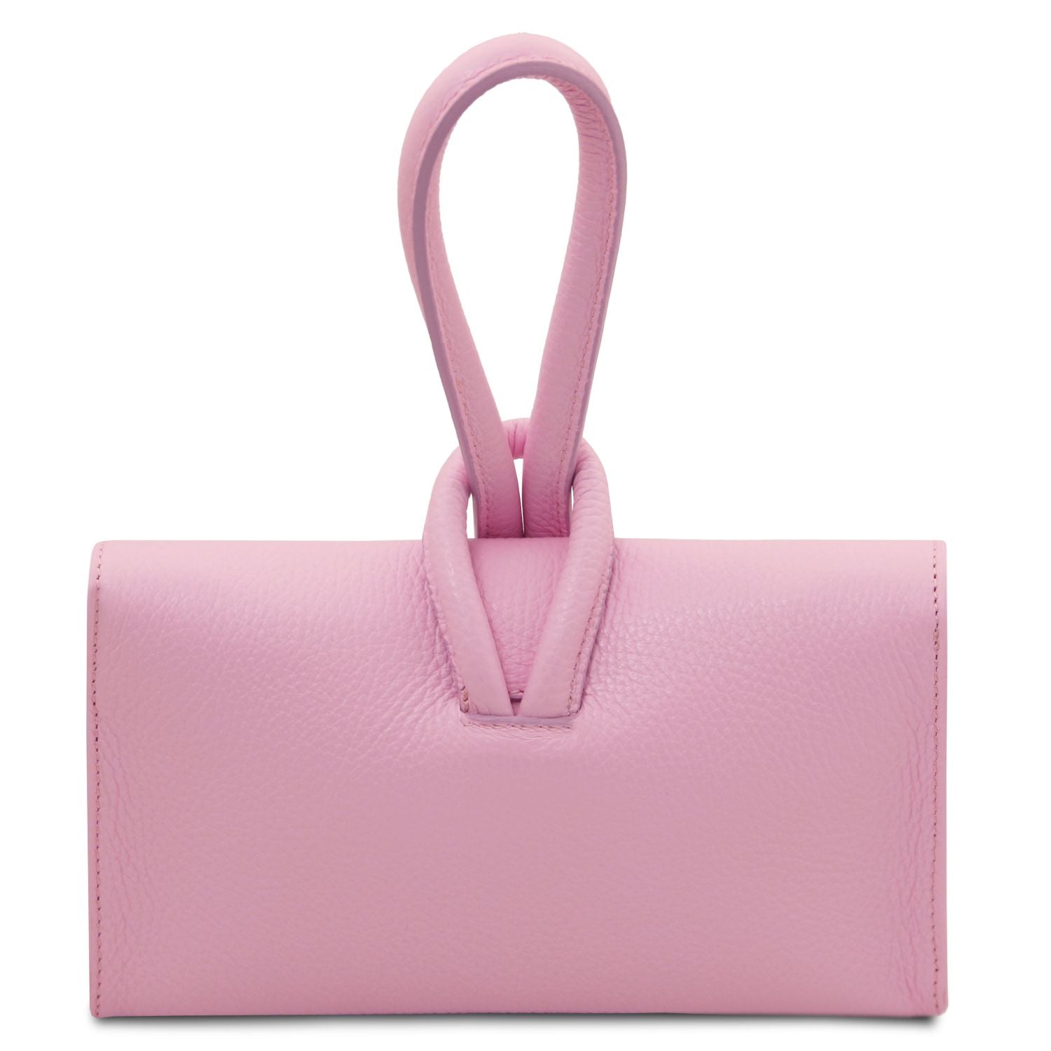 Pink foldover leather clutch with a looped top handle