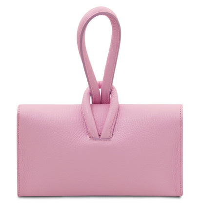 Pink foldover leather clutch with a looped top handle
