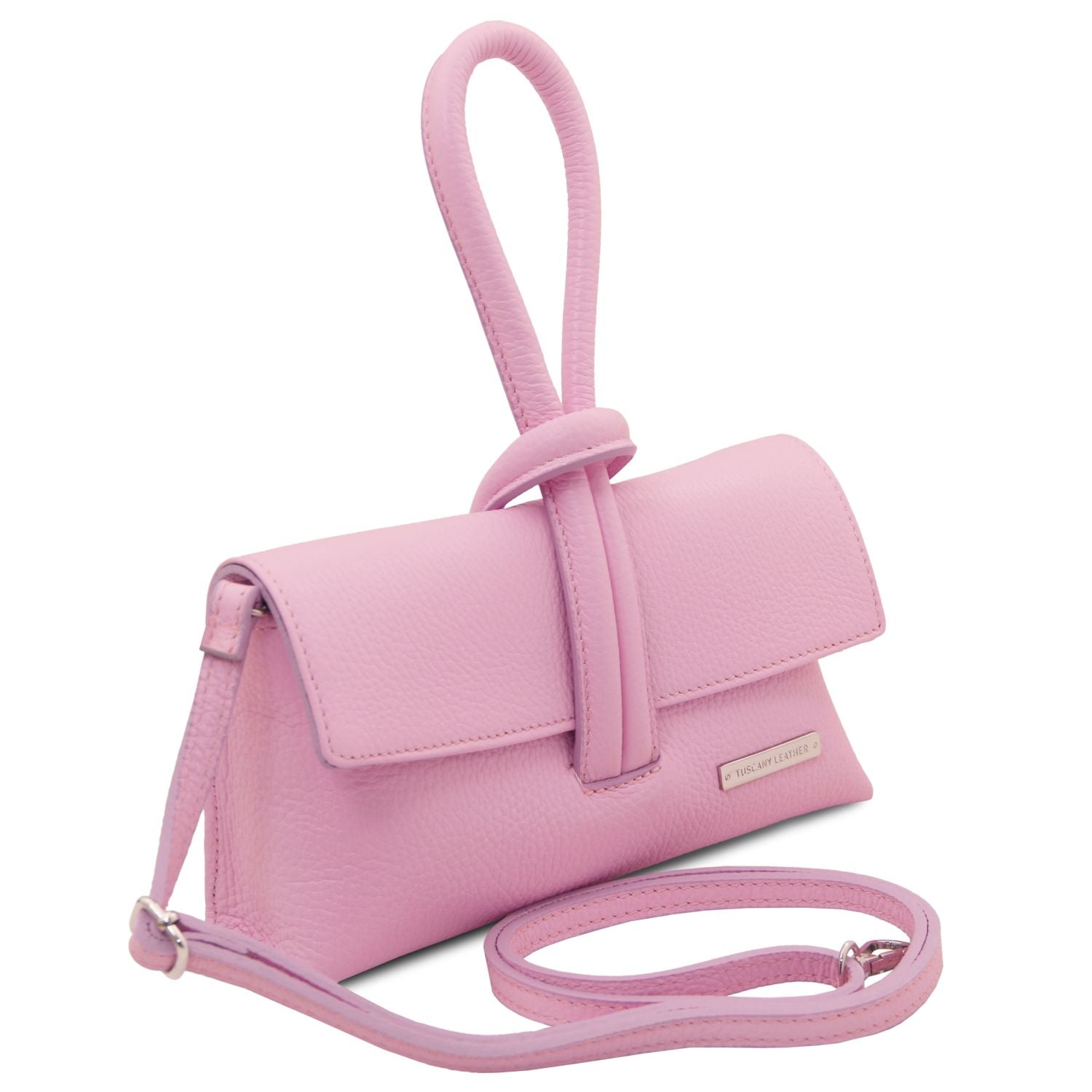 Soft pink foldover leather clutch with long detachable strap and front loop detail