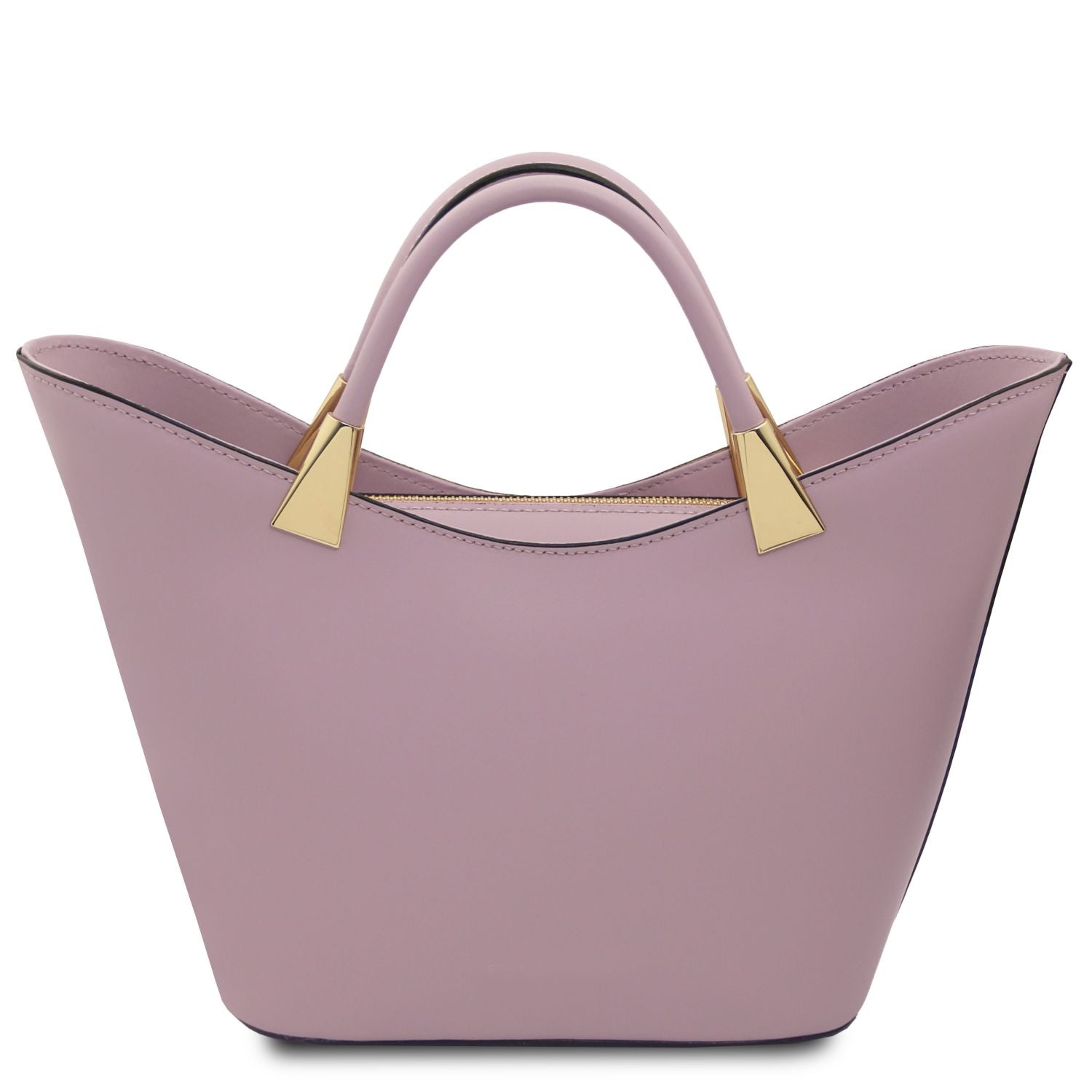 Front view of lavender TL Bag Italian leather handbag with double top handles and gold-tone hardware