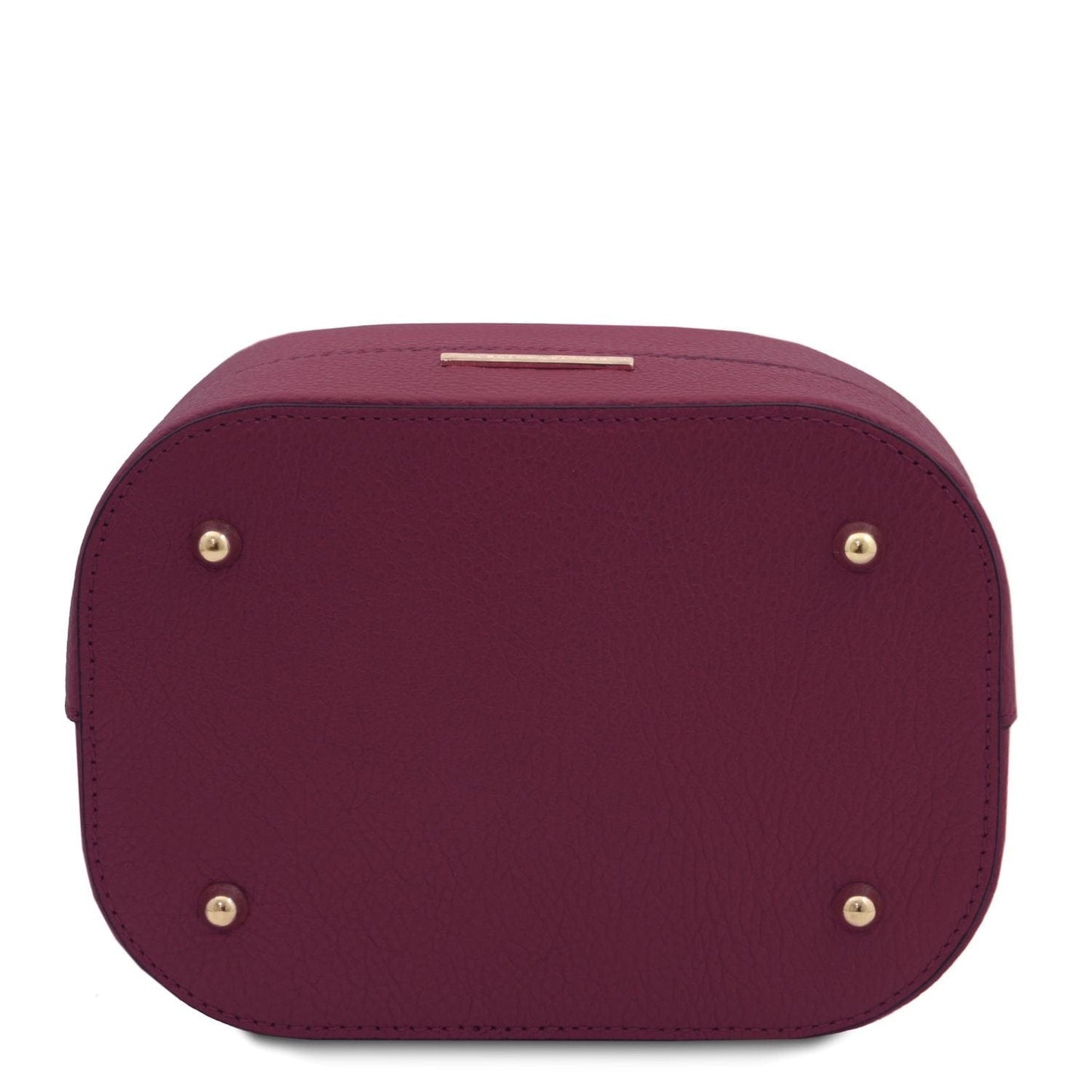 TL Bag - Leather bucket bag | TL142146 in burgundy pebbled leather with gold metal feet on white background