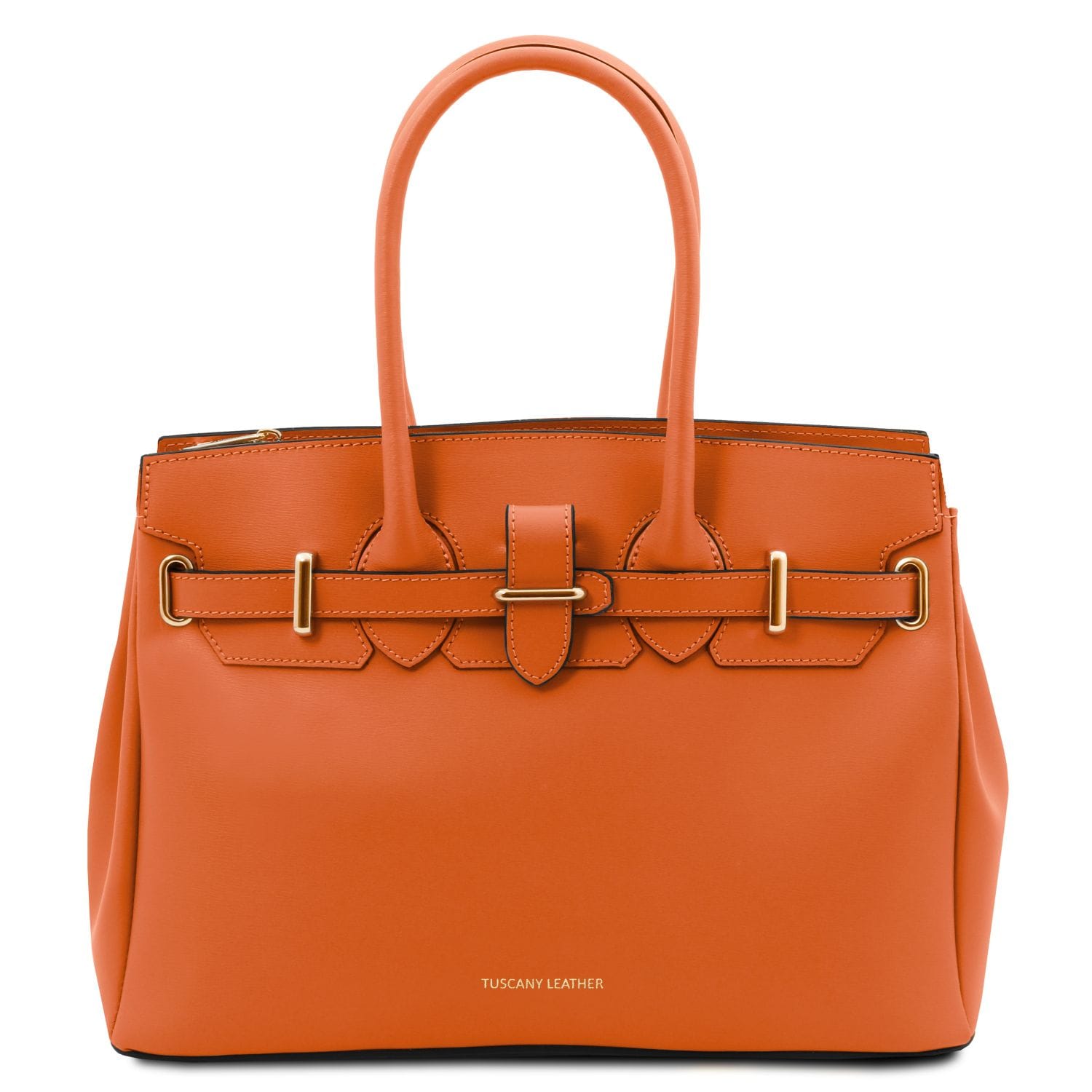Orange handbag with gold hardware on a white background