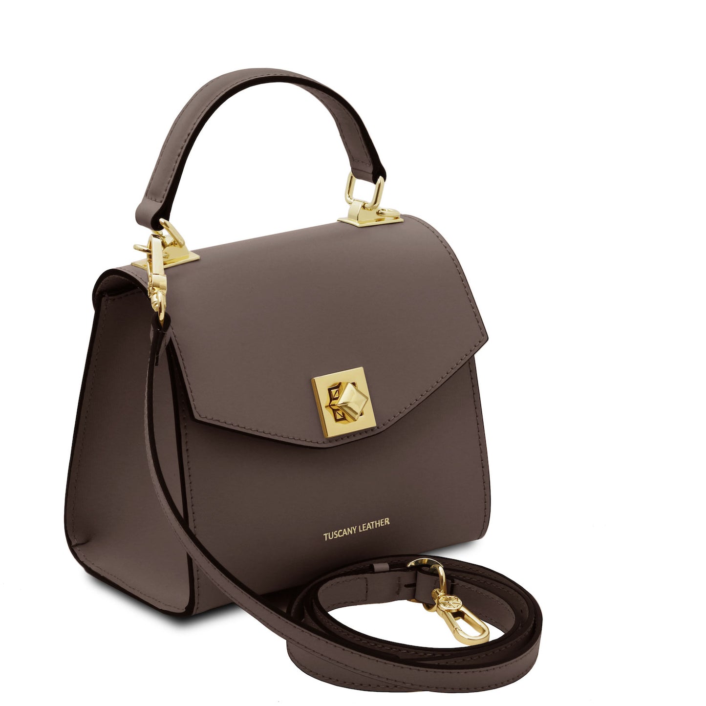 TL Bag - Leather mini bag | TL142203 in brown leather with top handle, gold-tone turn-lock closure, and detachable shoulder strap on white background