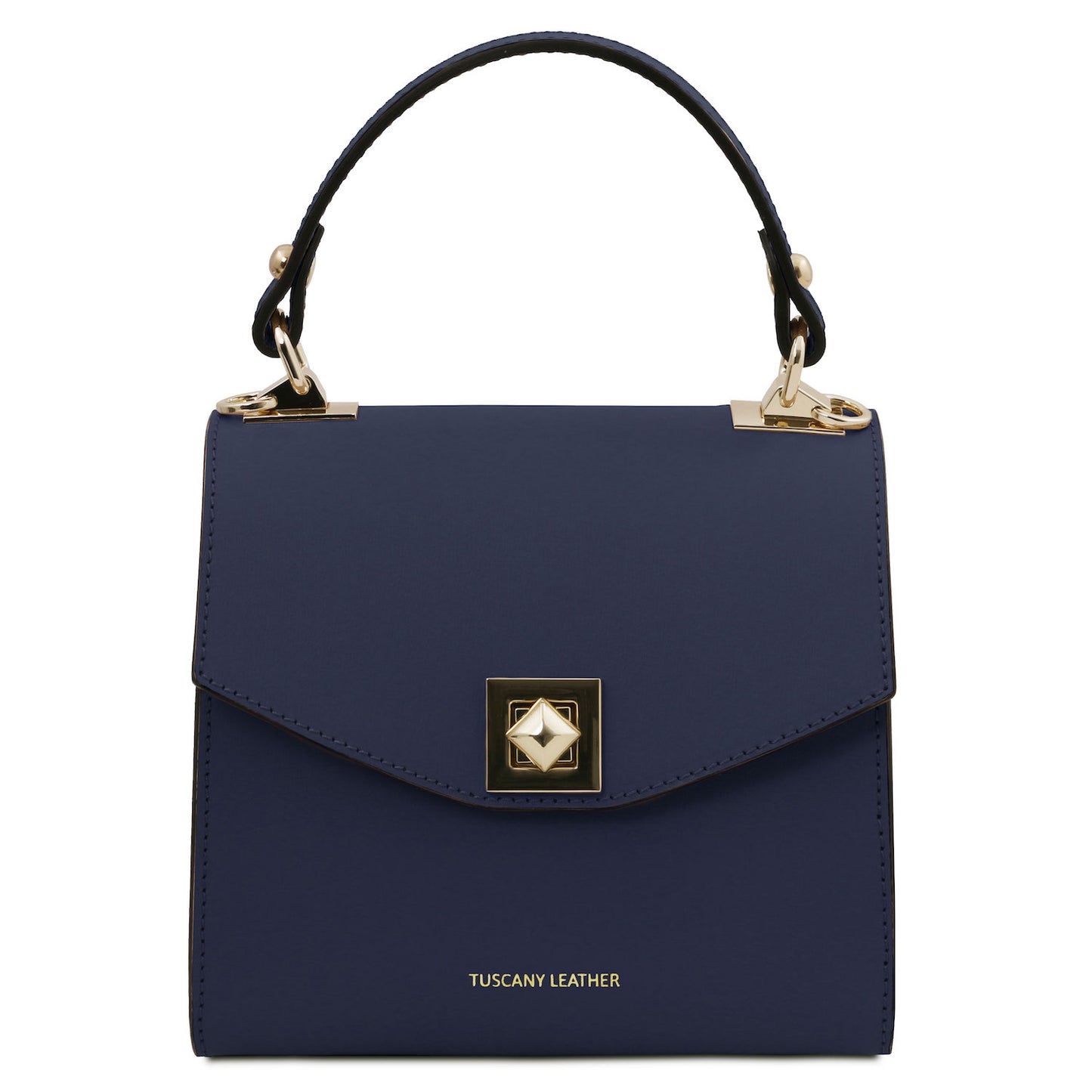 TL Bag - Leather mini bag | TL142203 in navy smooth leather with gold-tone square clasp and single top handle on white background