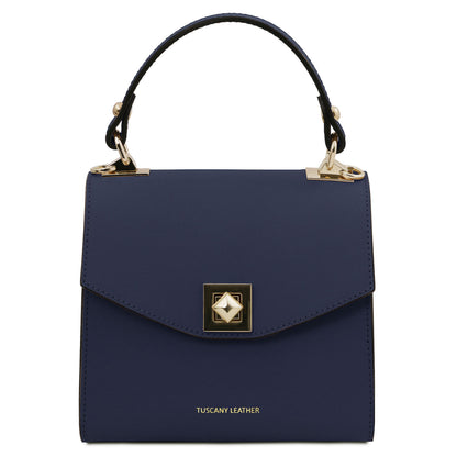 TL Bag - Leather mini bag | TL142203 in navy smooth leather with gold-tone square clasp and single top handle on white background