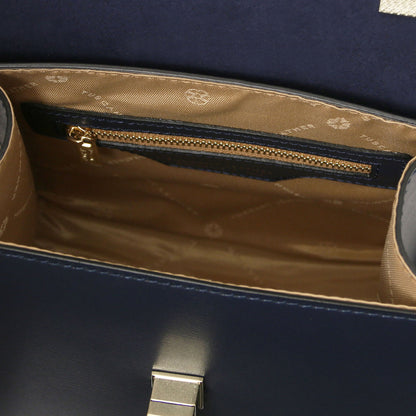 TL Bag - Leather mini bag | TL142203 in navy smooth leather with gold zipper pocket and beige fabric lining shown open