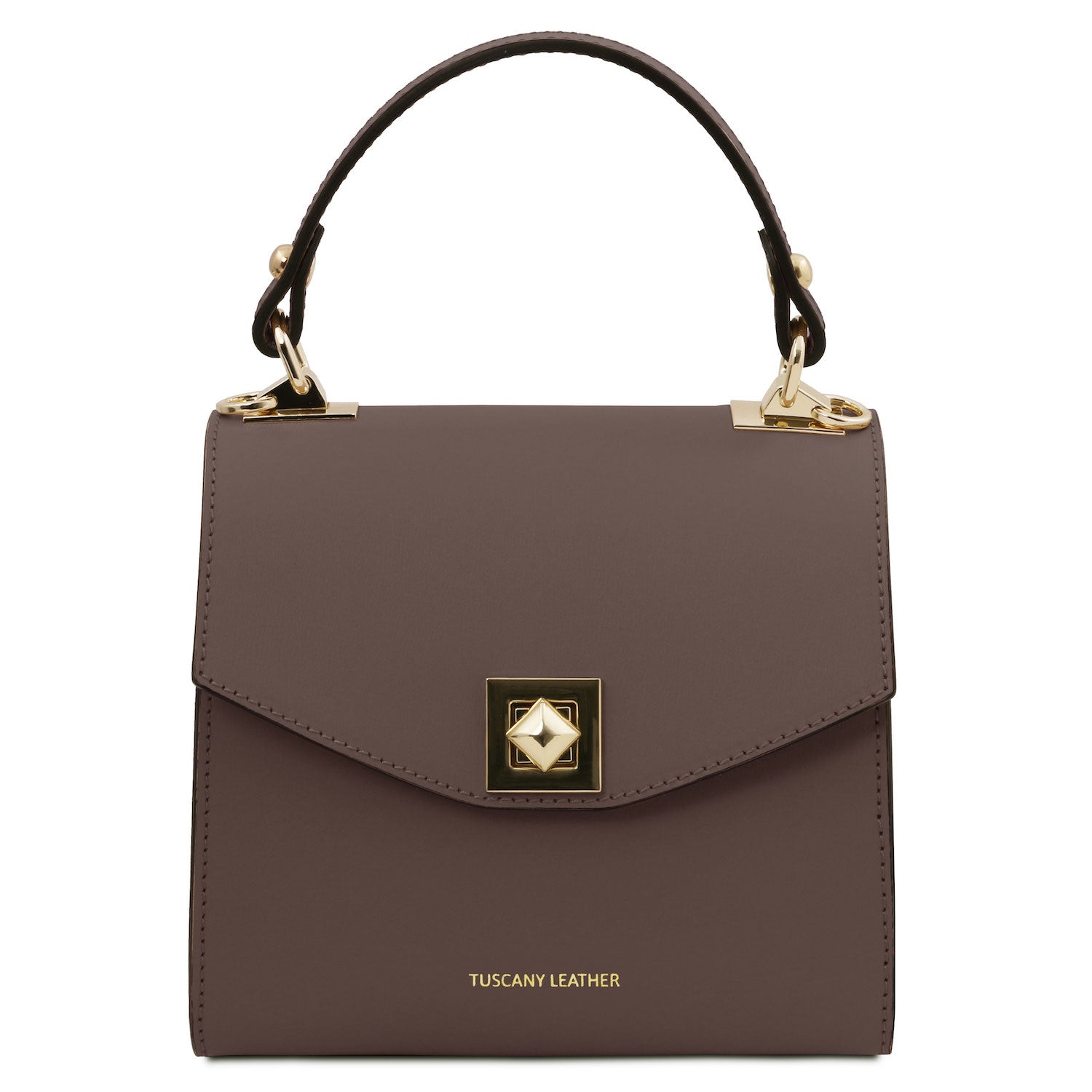 TL Bag - Leather mini bag | TL142203 in matte brown leather with structured top handle and gold-tone square turn-lock closure on white background