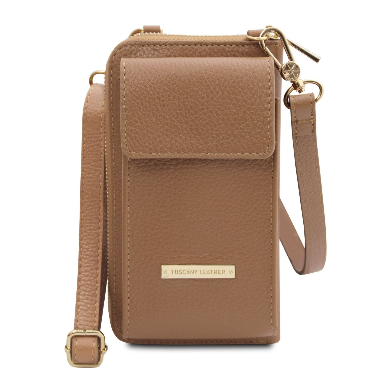 Tan leather phone wallet with strap featuring front pocket and gold Tuscany Leather plaque