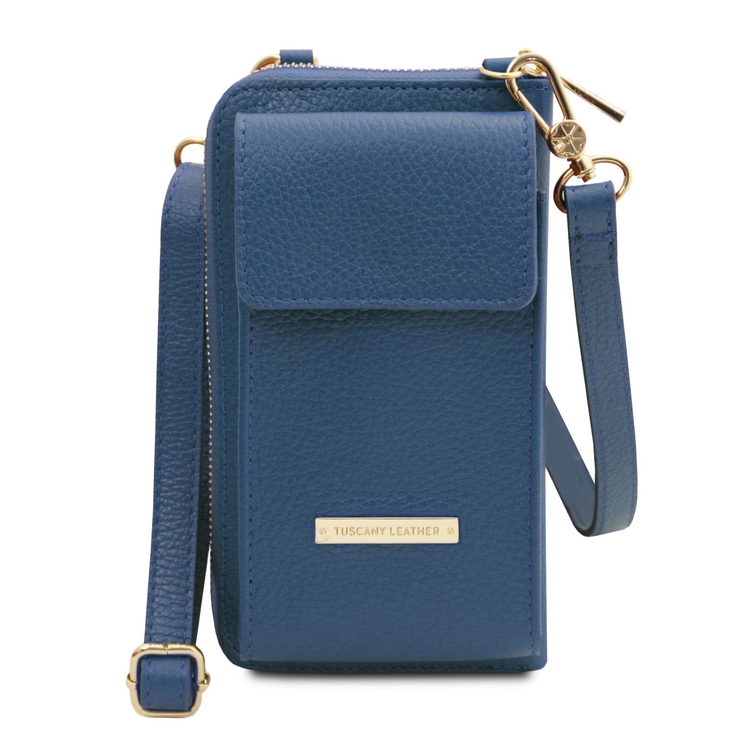 Blue textured leather phone wallet with detachable strap front flap pocket and gold brand plaque