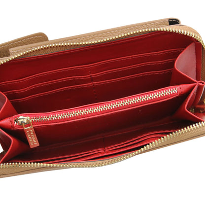 Inside view of TL Bag leather wallet with red lining and zippered pocket from a different angle.