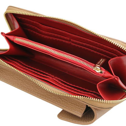 Open TL Bag leather wallet with red interior, multiple card slots and a central zip pocket.