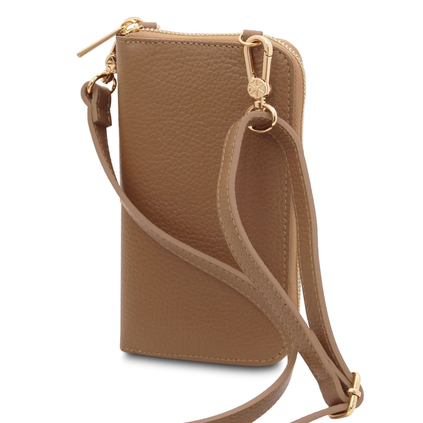 Tan TL Bag leather phone wallet with strap showing pebbled texture and gold hardware.