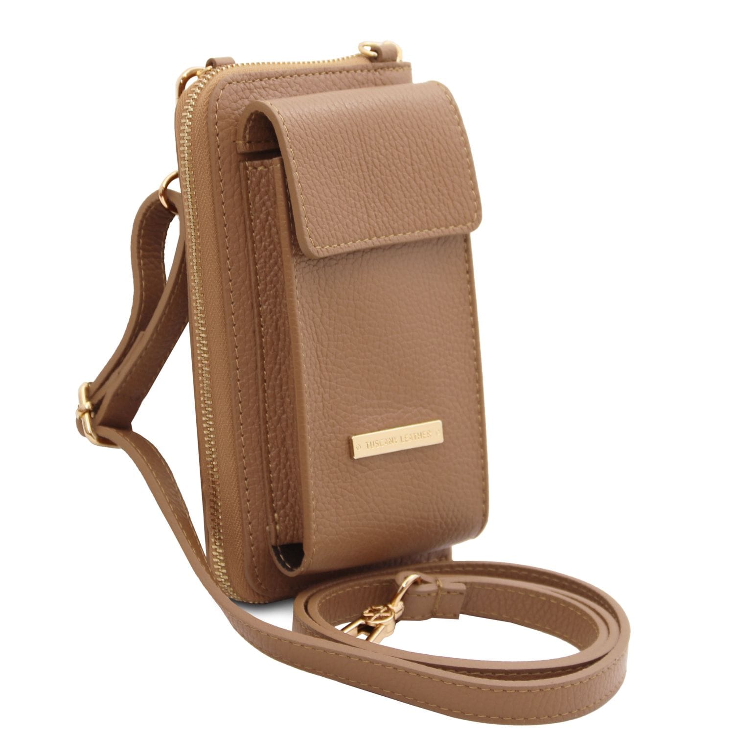 Side view of tan leather phone wallet with detachable strap and front pocket