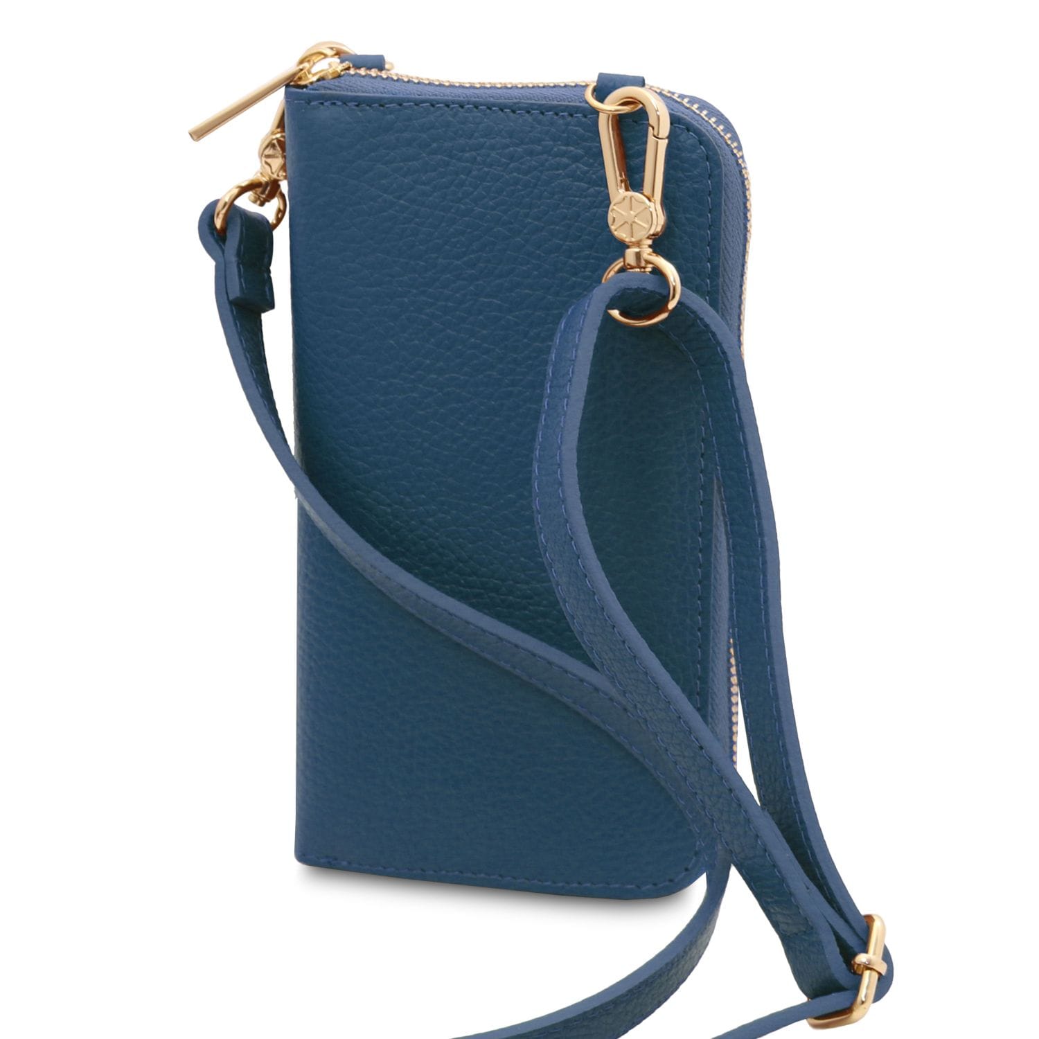 Blue leather phone wallet with a detachable strap and gold hardware