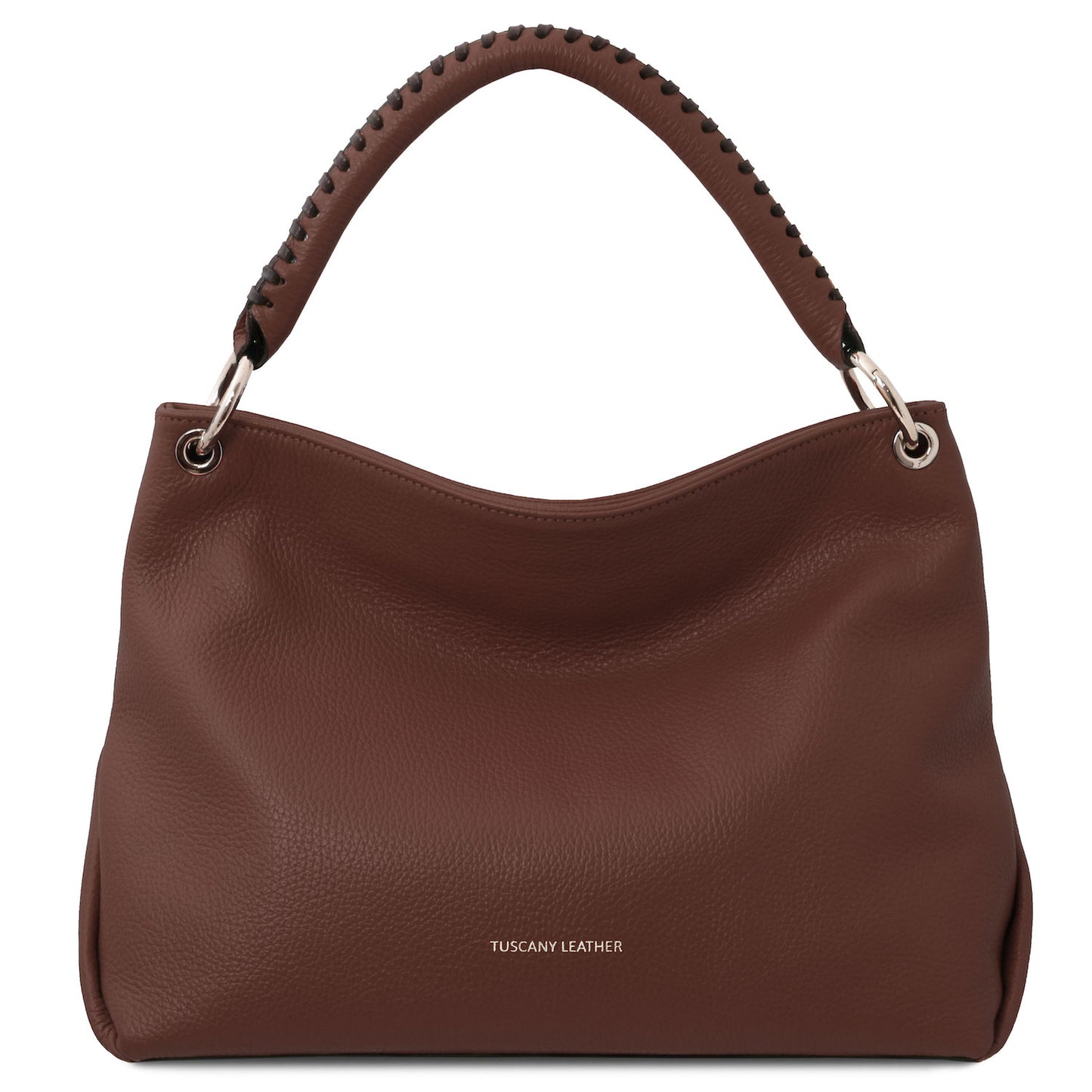 TL Bag - Soft Italian leather handbag | TL142087 in brown pebbled leather with stitched top handle on white background