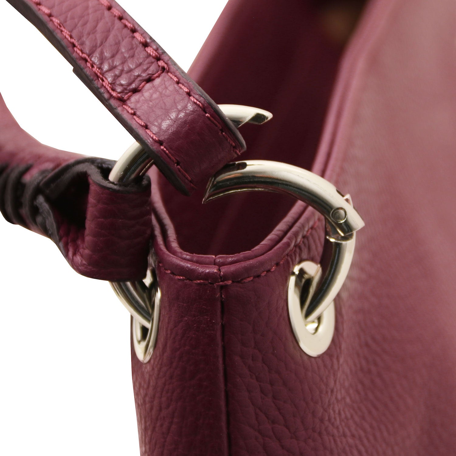 TL Bag - Soft Italian leather handbag | TL142087 in burgundy pebbled leather with silver ring hardware on close-up view
