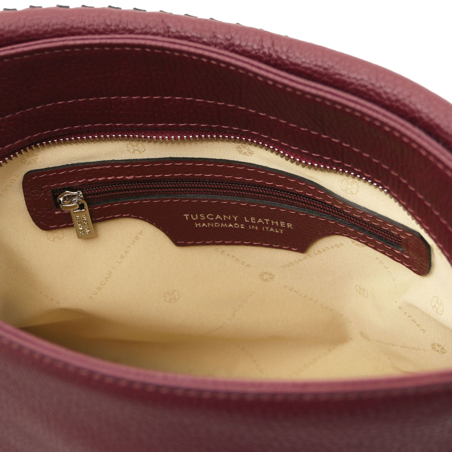TL Bag - Soft Italian leather handbag | TL142087 in burgundy pebbled leather with interior zip pocket and beige fabric lining.