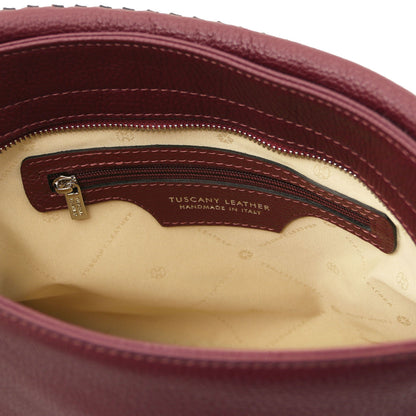 TL Bag - Soft Italian leather handbag | TL142087 in burgundy pebbled leather with interior zip pocket and beige fabric lining.