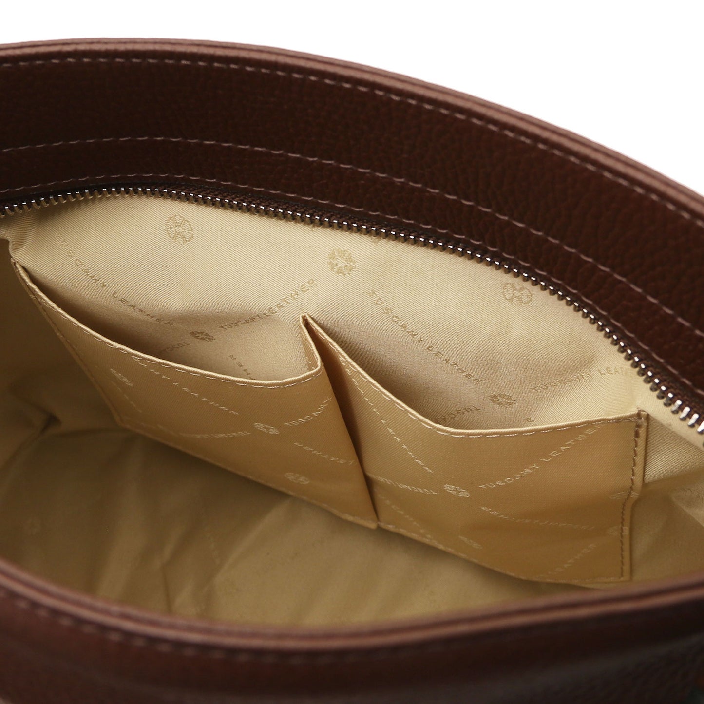 TL Bag - Soft Italian leather handbag | TL142087 with brown pebbled leather exterior and beige fabric interior pockets with zipper closure
