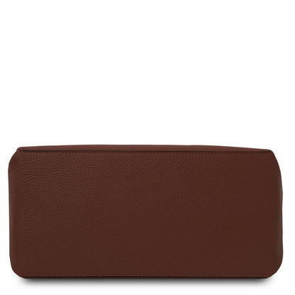 TL Bag - Soft Italian leather handbag | TL142087 in brown pebbled leather with rectangular shape on white background.