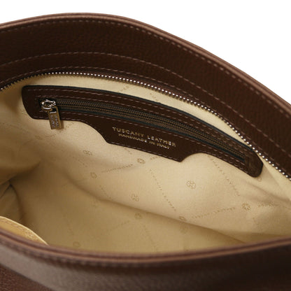 TL Bag - Soft Italian leather handbag | TL142087 in brown pebbled leather with beige fabric interior and zippered pocket on white background
