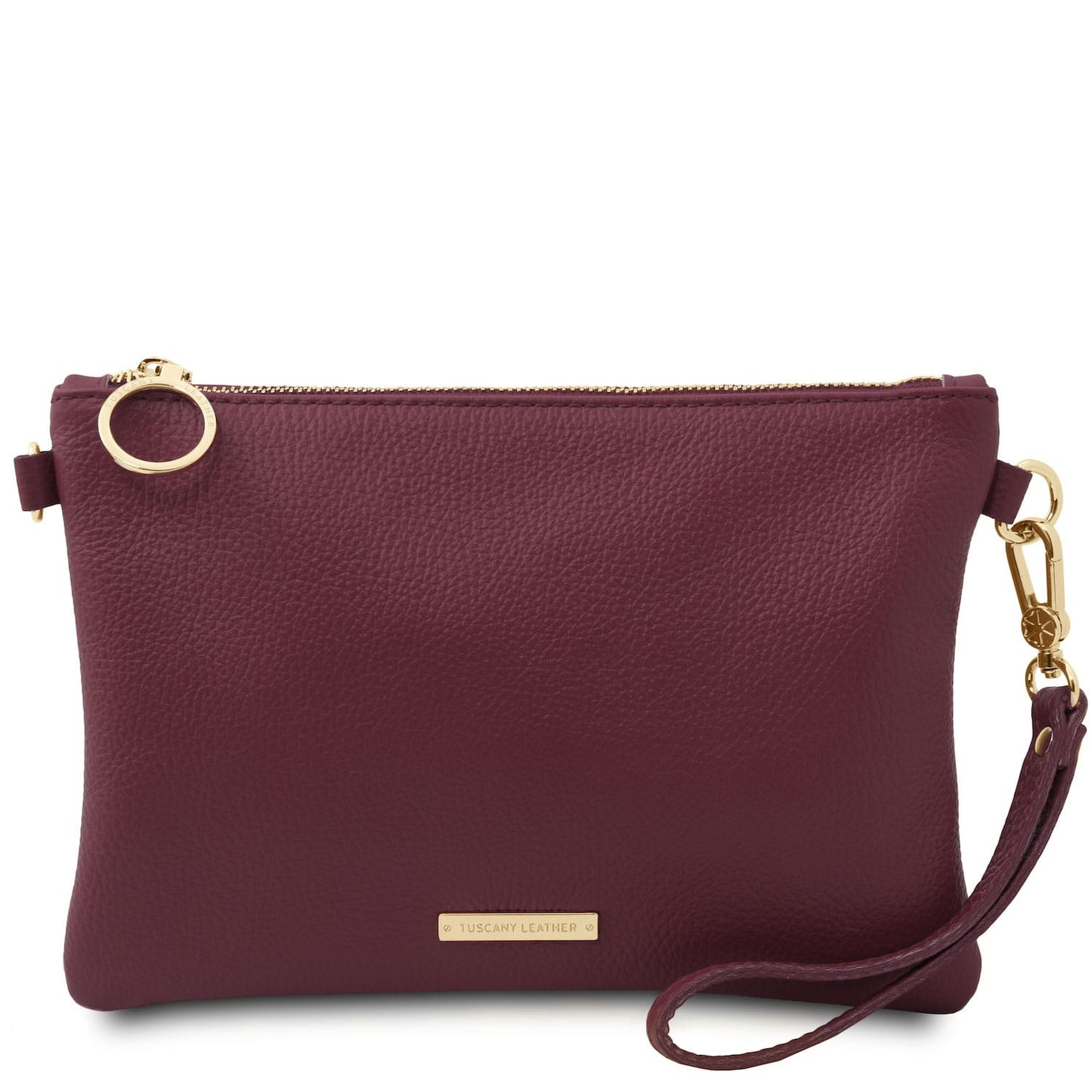 TL Bag - Soft Italian leather pouch clutch | TL142029 in burgundy with pebbled texture, gold zipper, and detachable wrist strap on white background