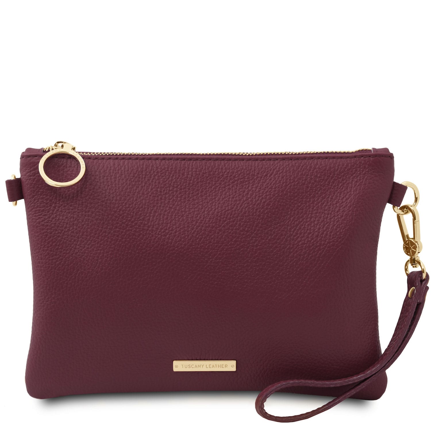 TL Bag - Soft Italian leather pouch clutch | TL142029 in burgundy with pebbled texture, gold zipper, and detachable wrist strap on white background