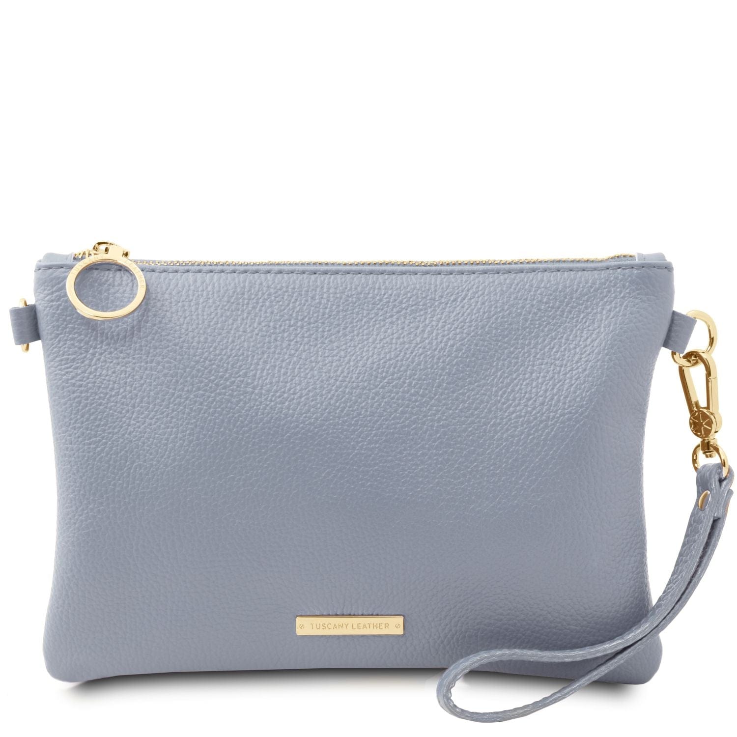 TL Bag - Soft Italian leather pouch clutch | TL142029 in light blue pebbled leather with gold zipper and detachable wrist strap on white background