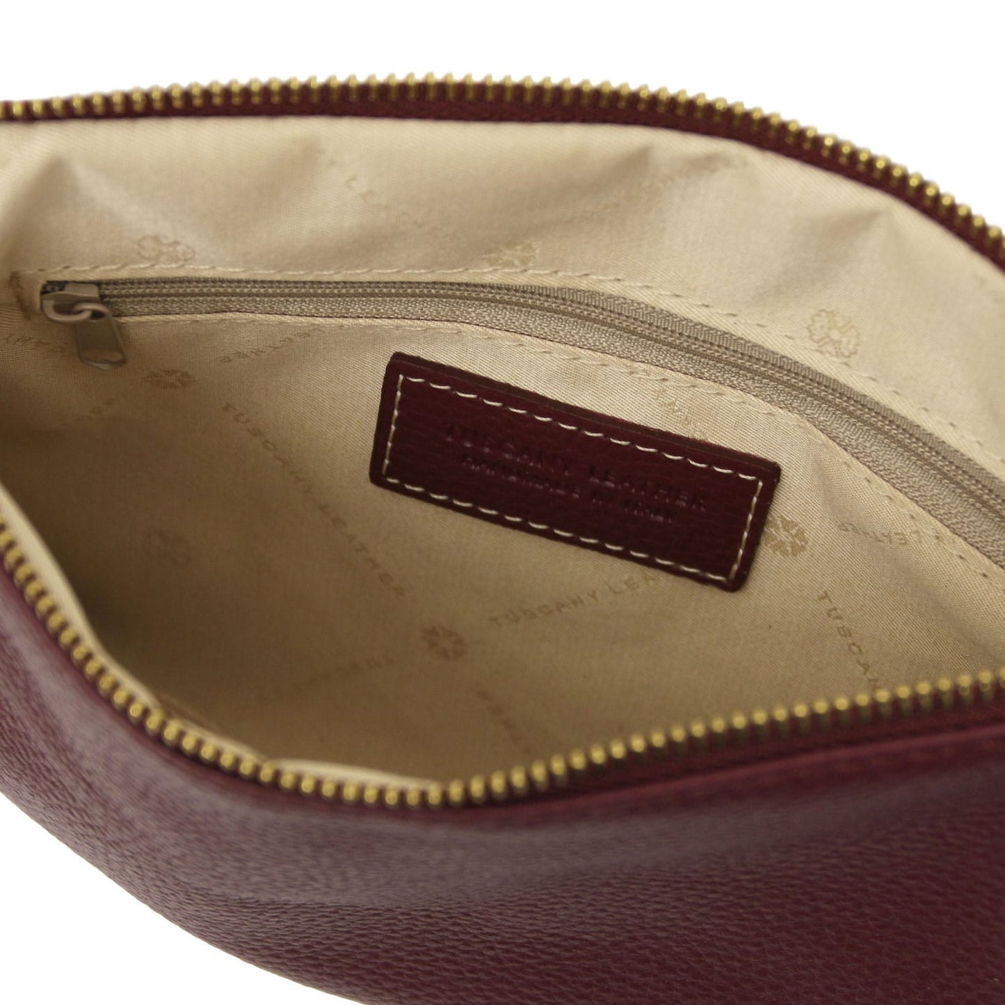 TL Bag - Soft Italian leather pouch clutch | TL142029 in burgundy with pebbled texture and interior zip pocket shown open on white background