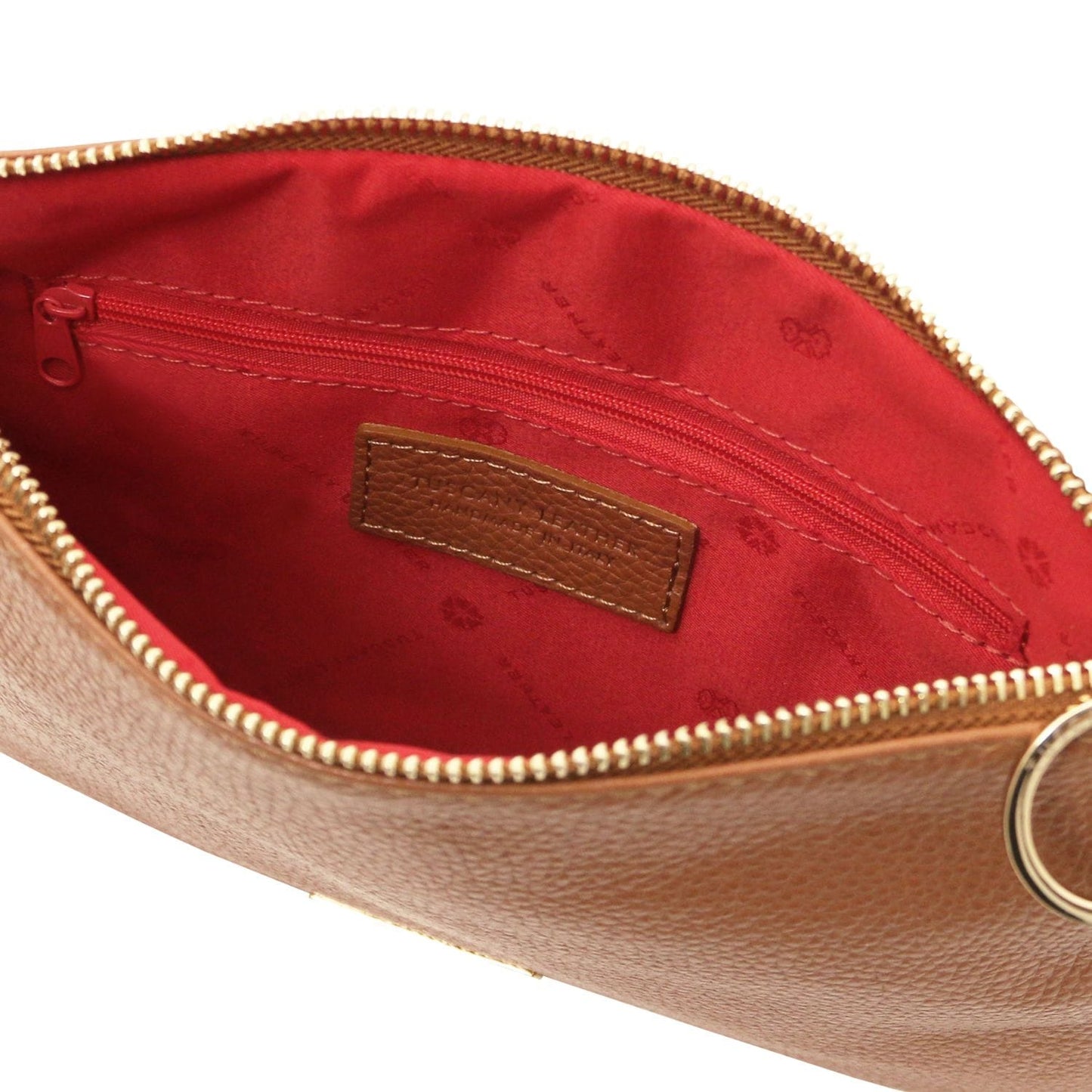 TL Bag - Soft Italian leather pouch clutch | TL142029 in brown pebbled leather with gold zipper and red fabric interior lining on white background