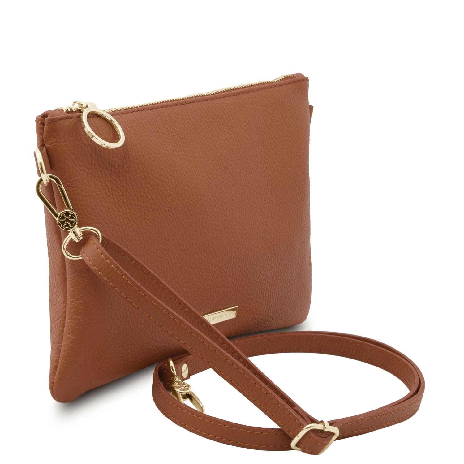 TL Bag - Soft Italian leather pouch clutch | TL142029 in brown with pebbled texture, gold-tone zipper and detachable wrist strap on white background